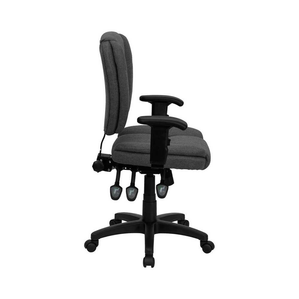 Mid-Back Gray Fabric Multifunction Swivel Ergonomic Task Office Chair with Pillow Top Cushioning and Arms