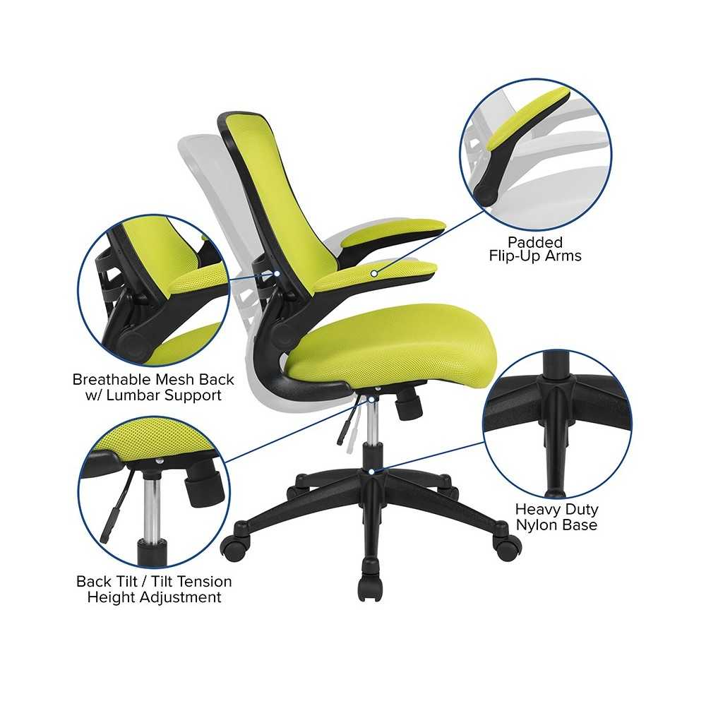 Mid-Back Green Mesh Swivel Ergonomic Task Office Chair with Flip-Up Arms