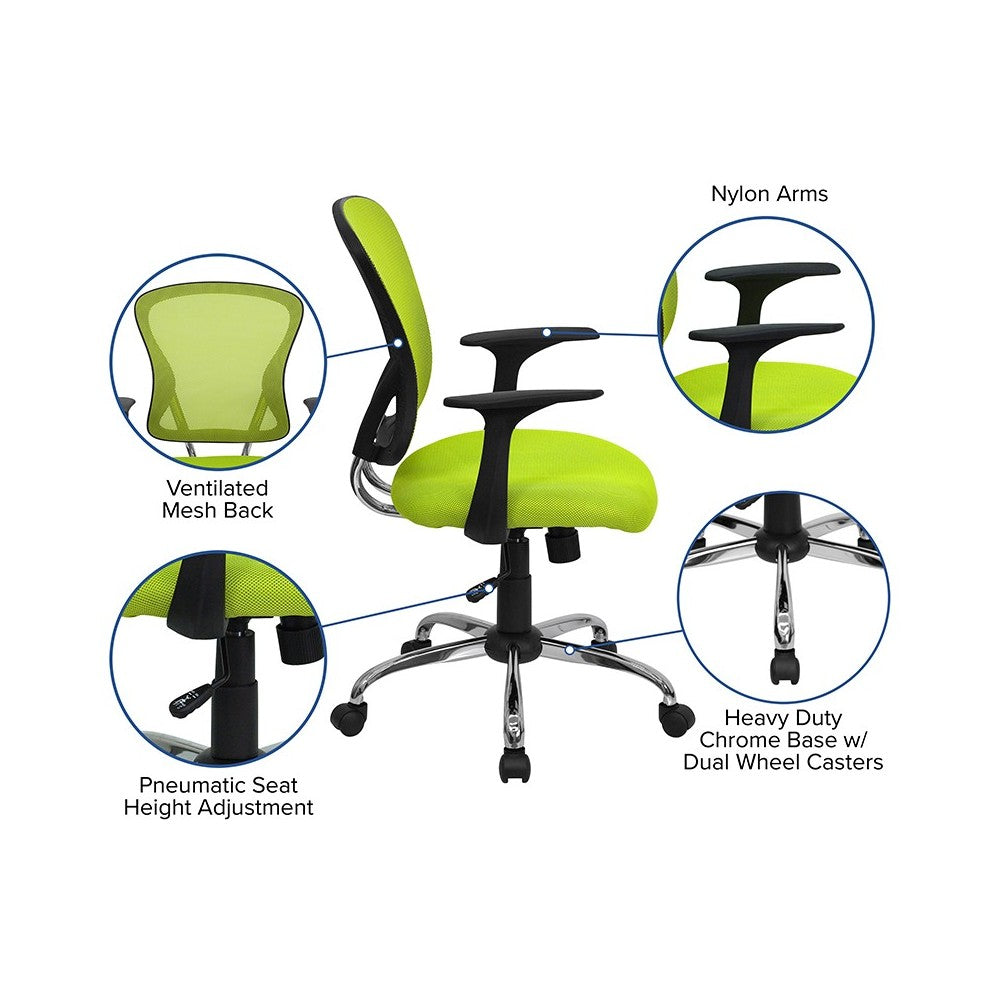 Mid-Back Green Mesh Swivel Task Office Chair with Chrome Base and Arms