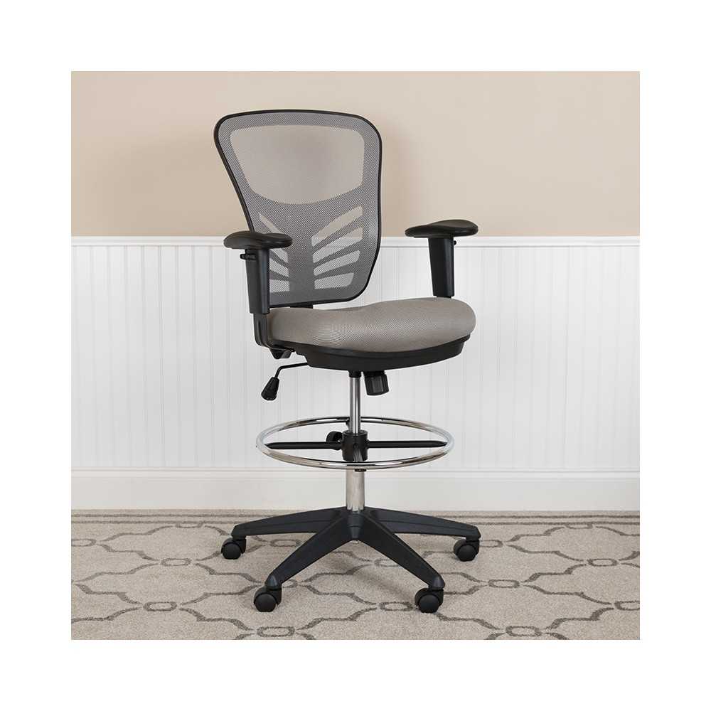 Mid-Back Light Gray Mesh Ergonomic Drafting Chair with Adjustable Chrome Foot Ring, Adjustable Arms and Black Frame