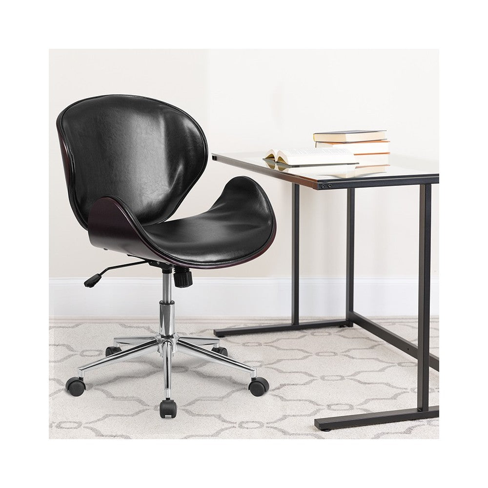 Mid-Back Mahogany Wood Conference Office Chair in Black LeatherSoft