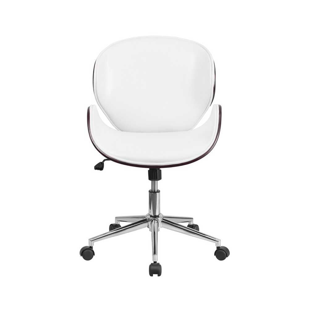 Mid-Back Mahogany Wood Conference Office Chair in White LeatherSoft