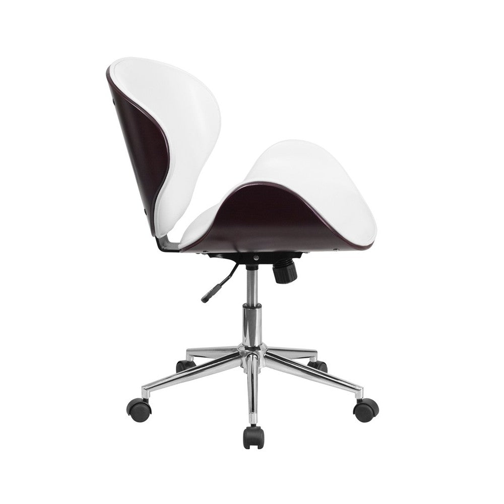 Mid-Back Mahogany Wood Conference Office Chair in White LeatherSoft