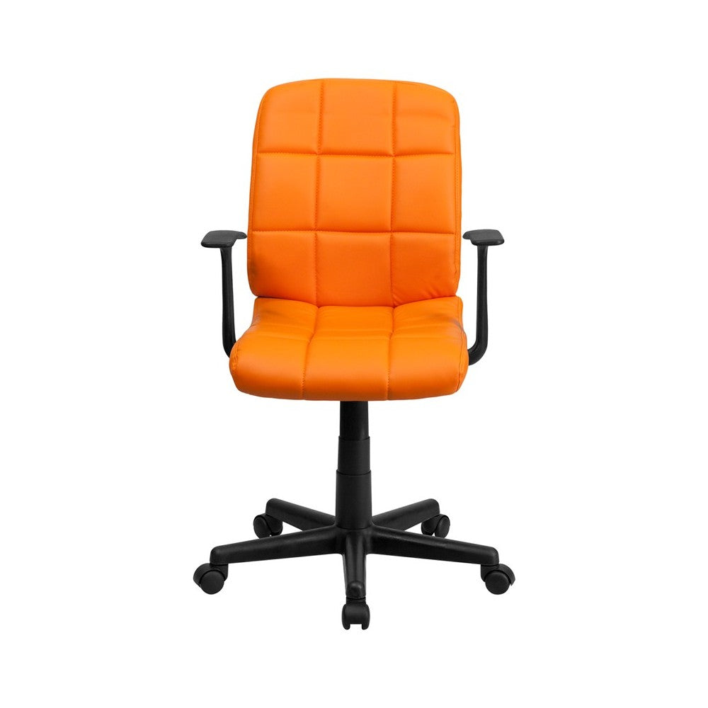 Mid-Back Orange Quilted Vinyl Swivel Task Office Chair with Arms
