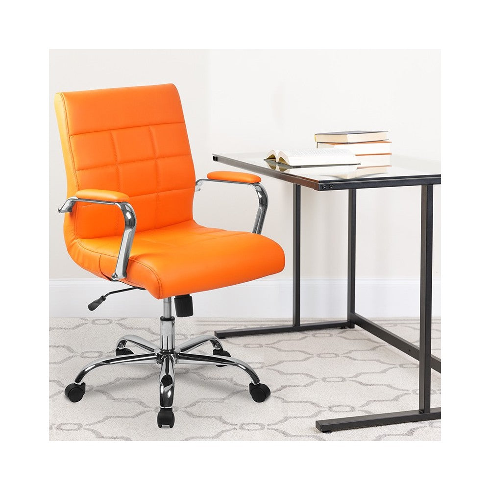 Mid-Back Orange Vinyl Executive Swivel Office Chair with Chrome Base and Arms