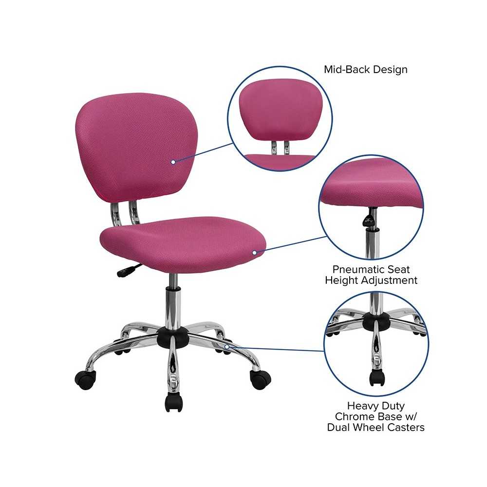 Mid-Back Pink Mesh Padded Swivel Task Office Chair with Chrome Base