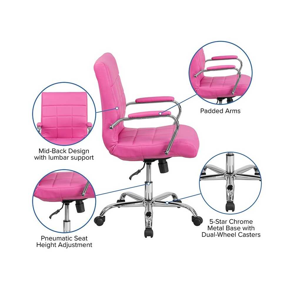 Mid-Back Pink Vinyl Executive Swivel Office Chair with Chrome Base and Arms