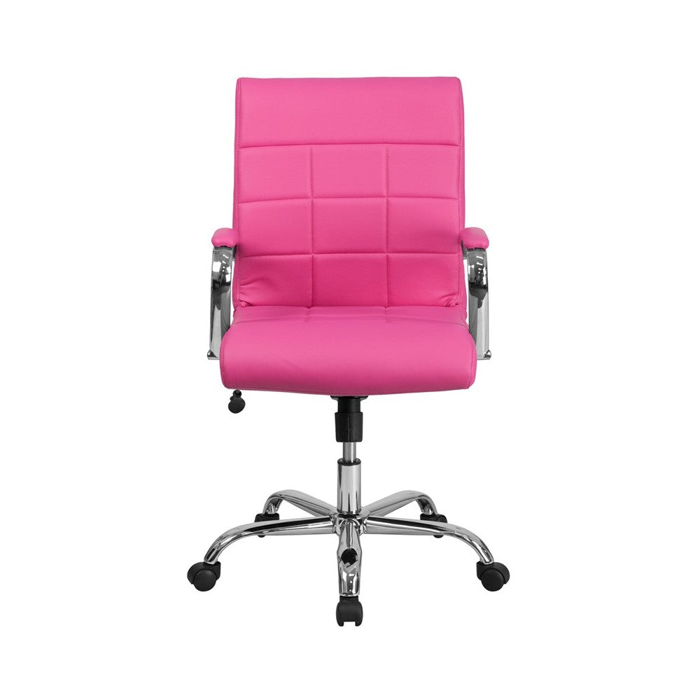 Mid-Back Pink Vinyl Executive Swivel Office Chair with Chrome Base and Arms