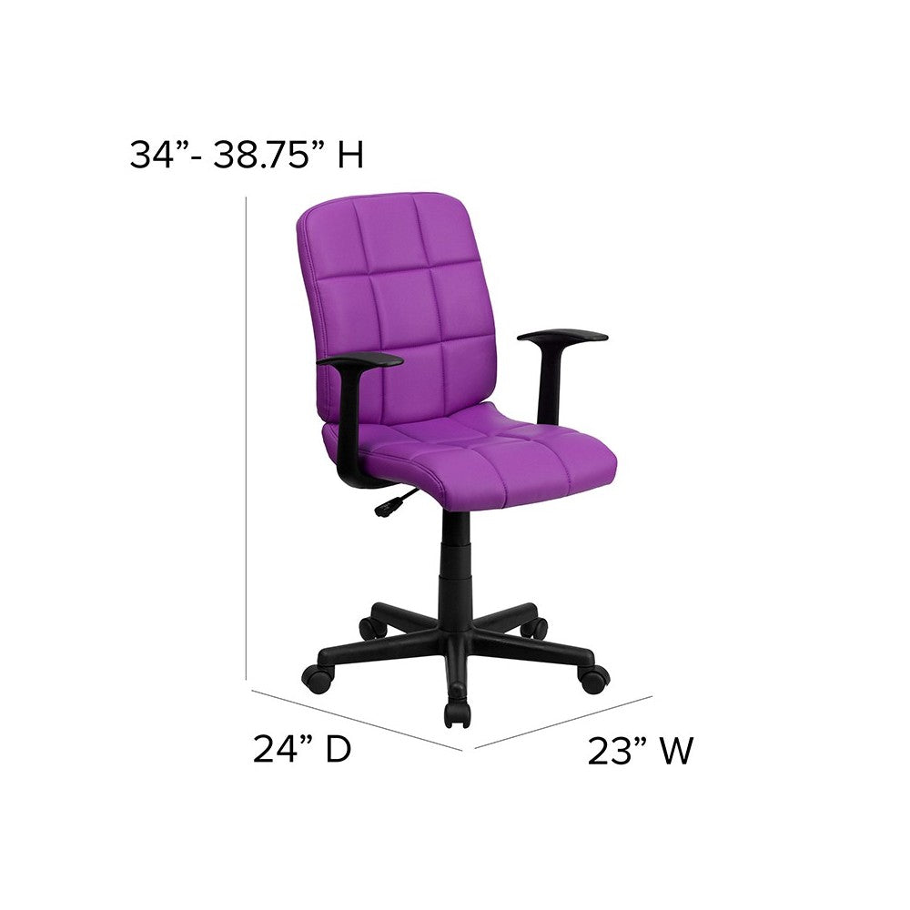 Mid-Back Purple Quilted Vinyl Swivel Task Office Chair with Arms