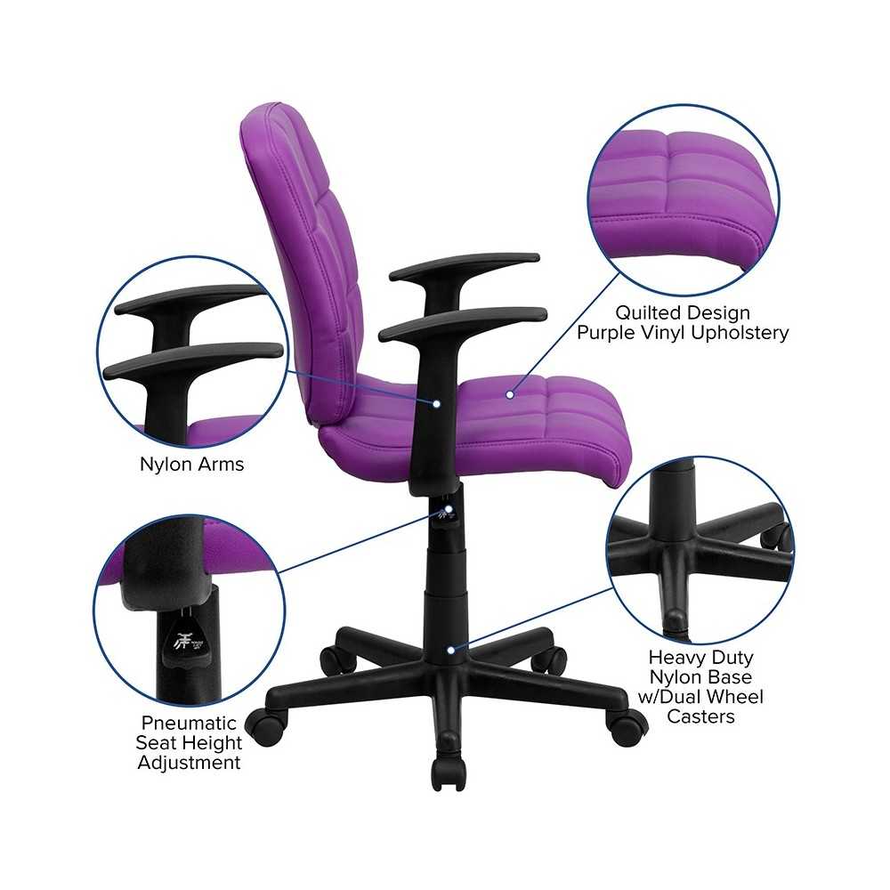 Mid-Back Purple Quilted Vinyl Swivel Task Office Chair with Arms