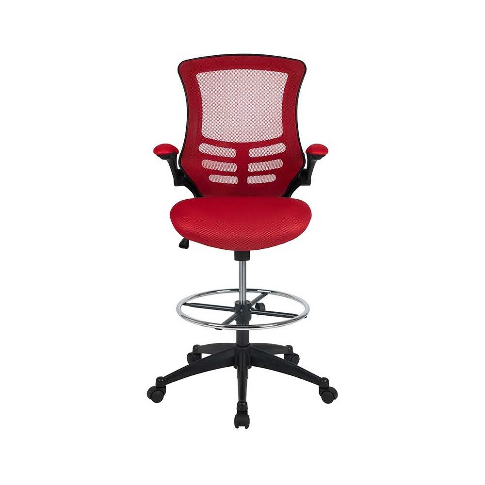 Mid-Back Red Mesh Ergonomic Drafting Chair with Adjustable Foot Ring and Flip-Up Arms