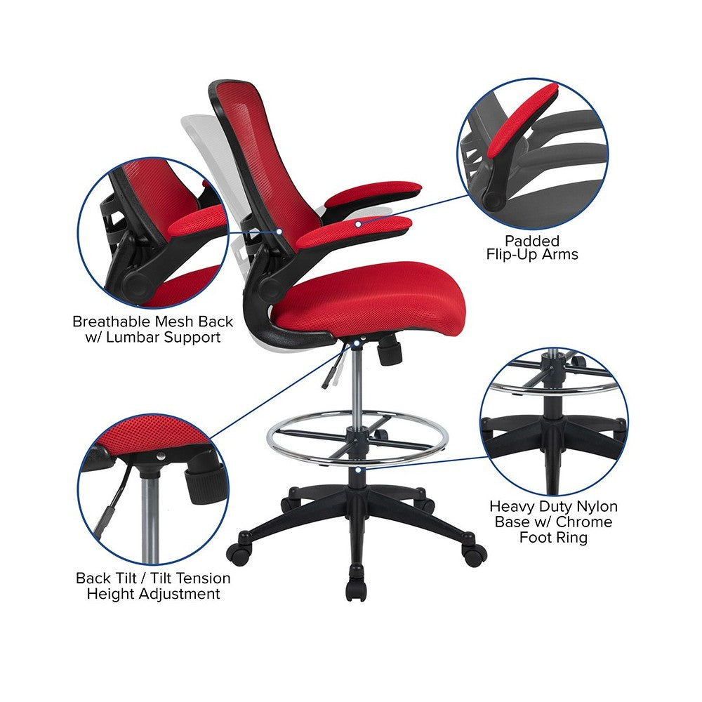 Mid-Back Red Mesh Ergonomic Drafting Chair with Adjustable Foot Ring and Flip-Up Arms