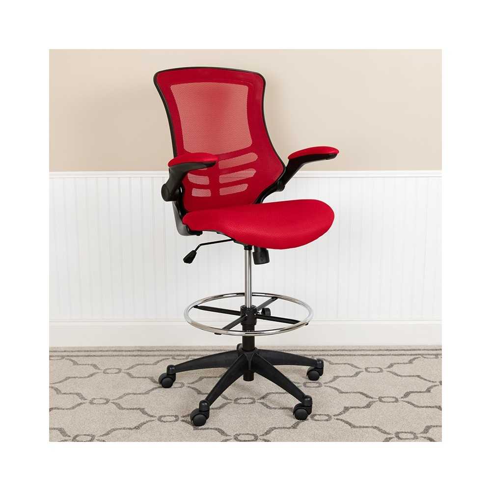 Mid-Back Red Mesh Ergonomic Drafting Chair with Adjustable Foot Ring and Flip-Up Arms
