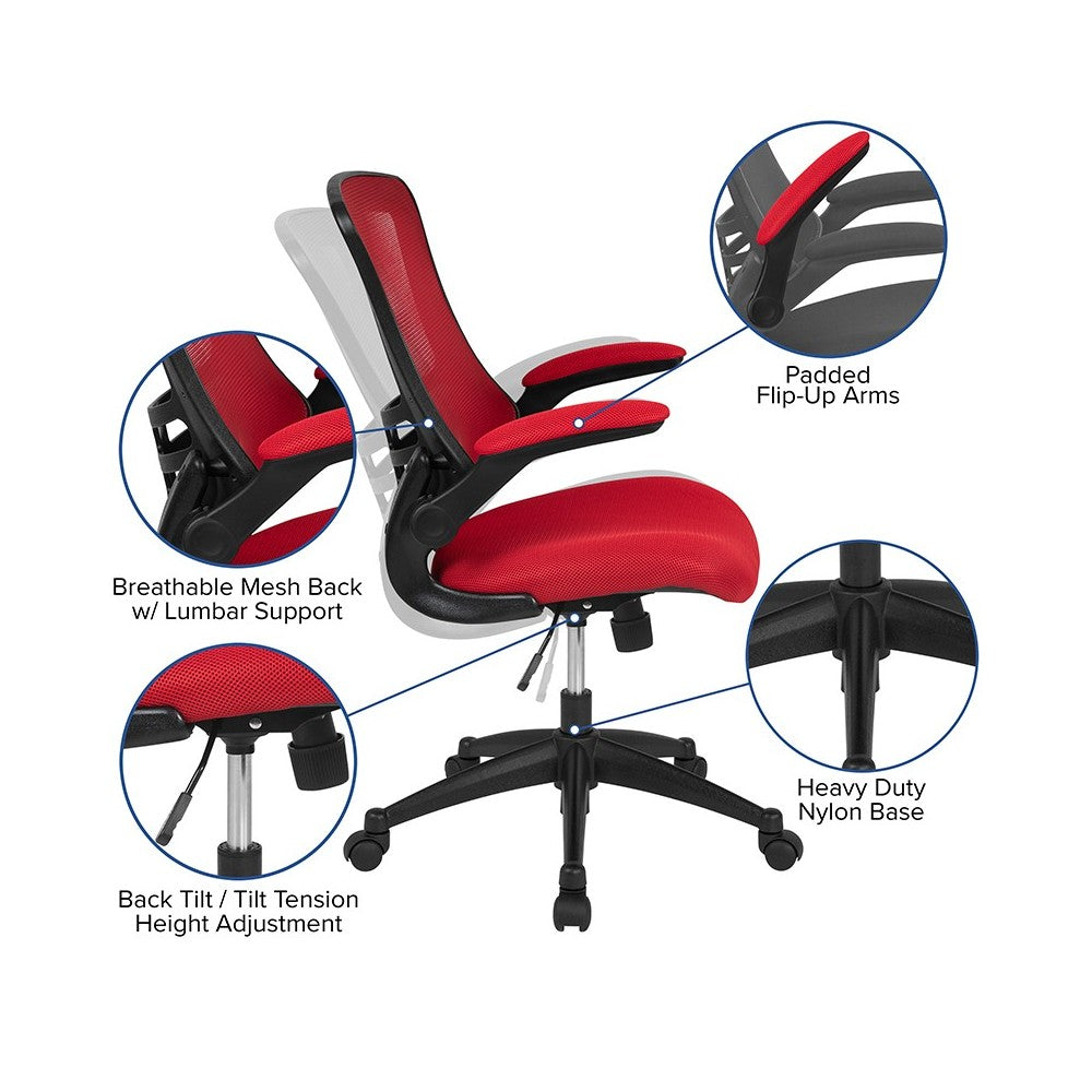 Mid-Back Red Mesh Swivel Ergonomic Task Office Chair with Flip-Up Arms