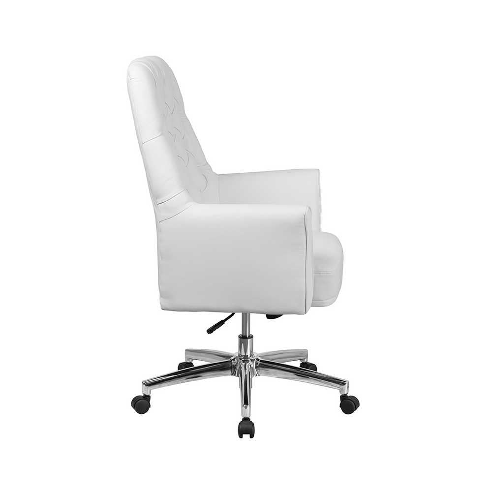 Mid-Back Traditional Tufted White LeatherSoft Executive Swivel Office Chair with Arms