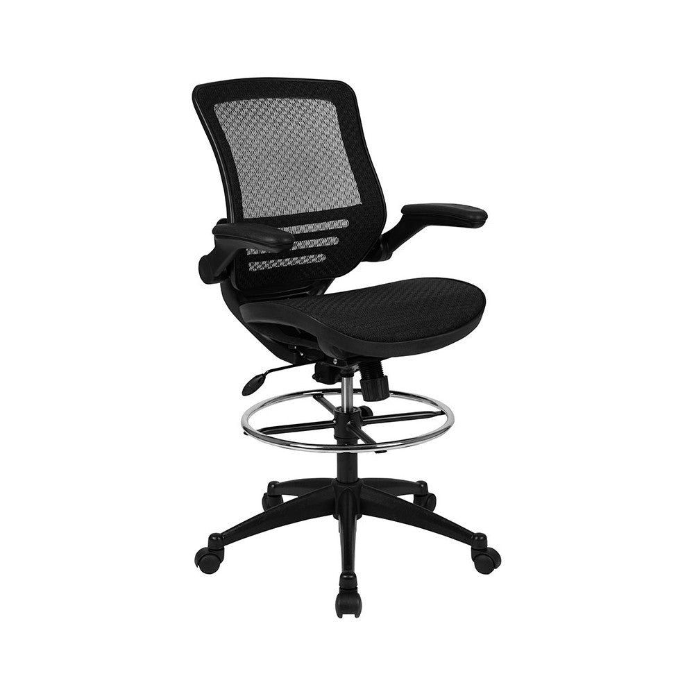 Mid-Back Transparent Black Mesh Drafting Chair with Black Frame and Flip-Up Arms