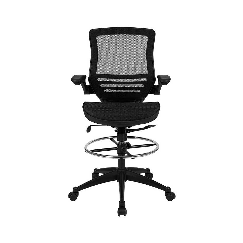 Mid-Back Transparent Black Mesh Drafting Chair with Black Frame and Flip-Up Arms