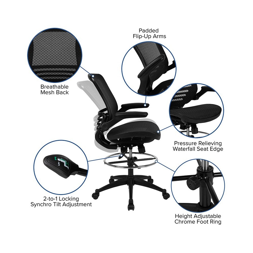 Mid-Back Transparent Black Mesh Drafting Chair with Black Frame and Flip-Up Arms