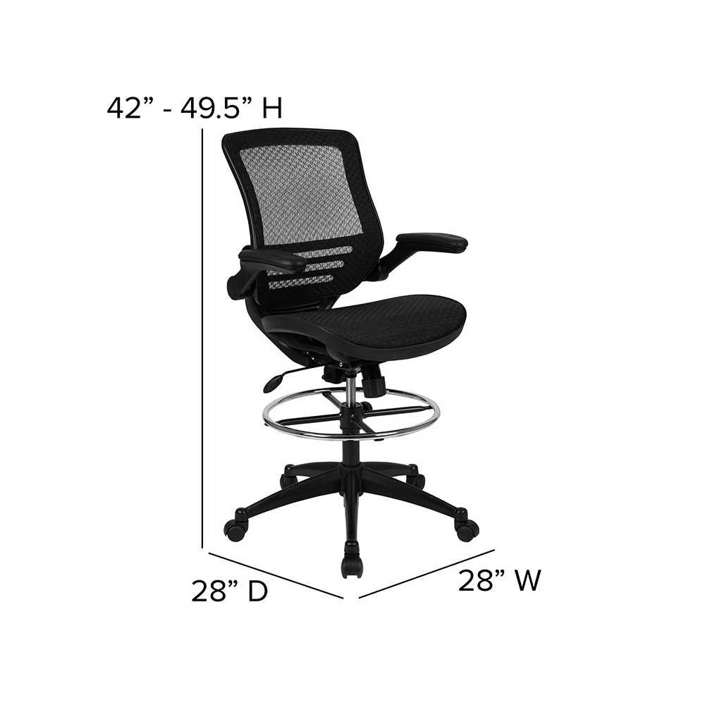 Mid-Back Transparent Black Mesh Drafting Chair with Black Frame and Flip-Up Arms