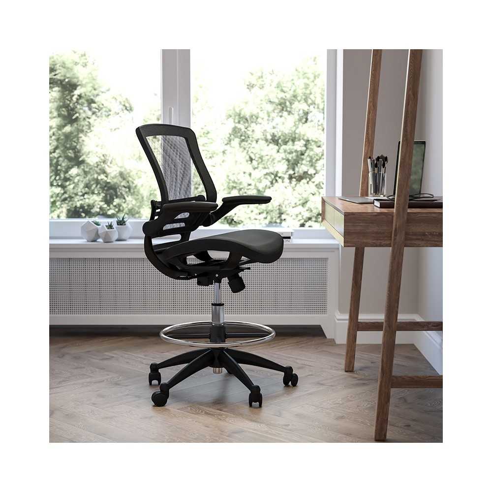 Mid-Back Transparent Black Mesh Drafting Chair with Black Frame and Flip-Up Arms