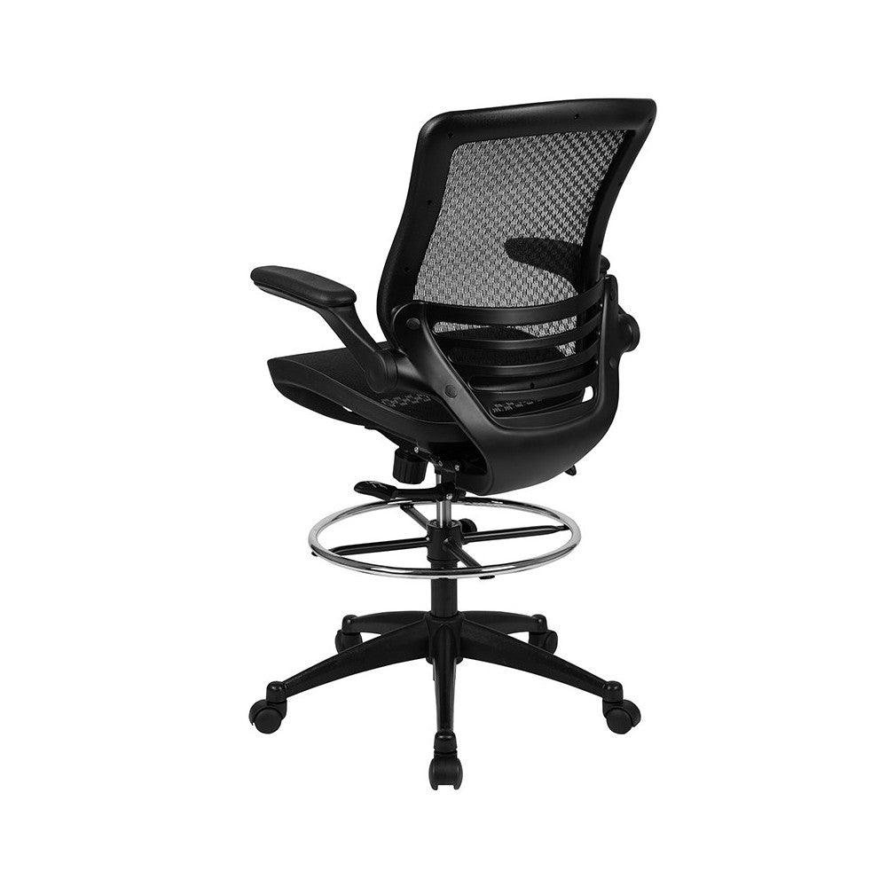 Mid-Back Transparent Black Mesh Drafting Chair with Black Frame and Flip-Up Arms