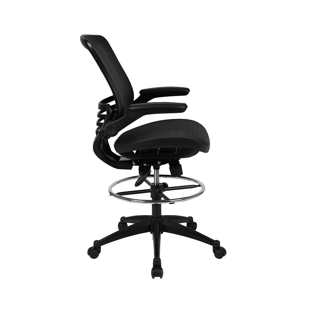 Mid-Back Transparent Black Mesh Drafting Chair with Black Frame and Flip-Up Arms