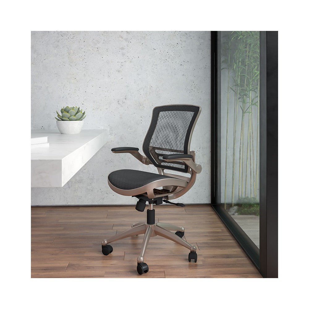 Mid-Back Transparent Black Mesh Executive Swivel Office Chair with Melrose Gold Frame and Flip-Up Arms