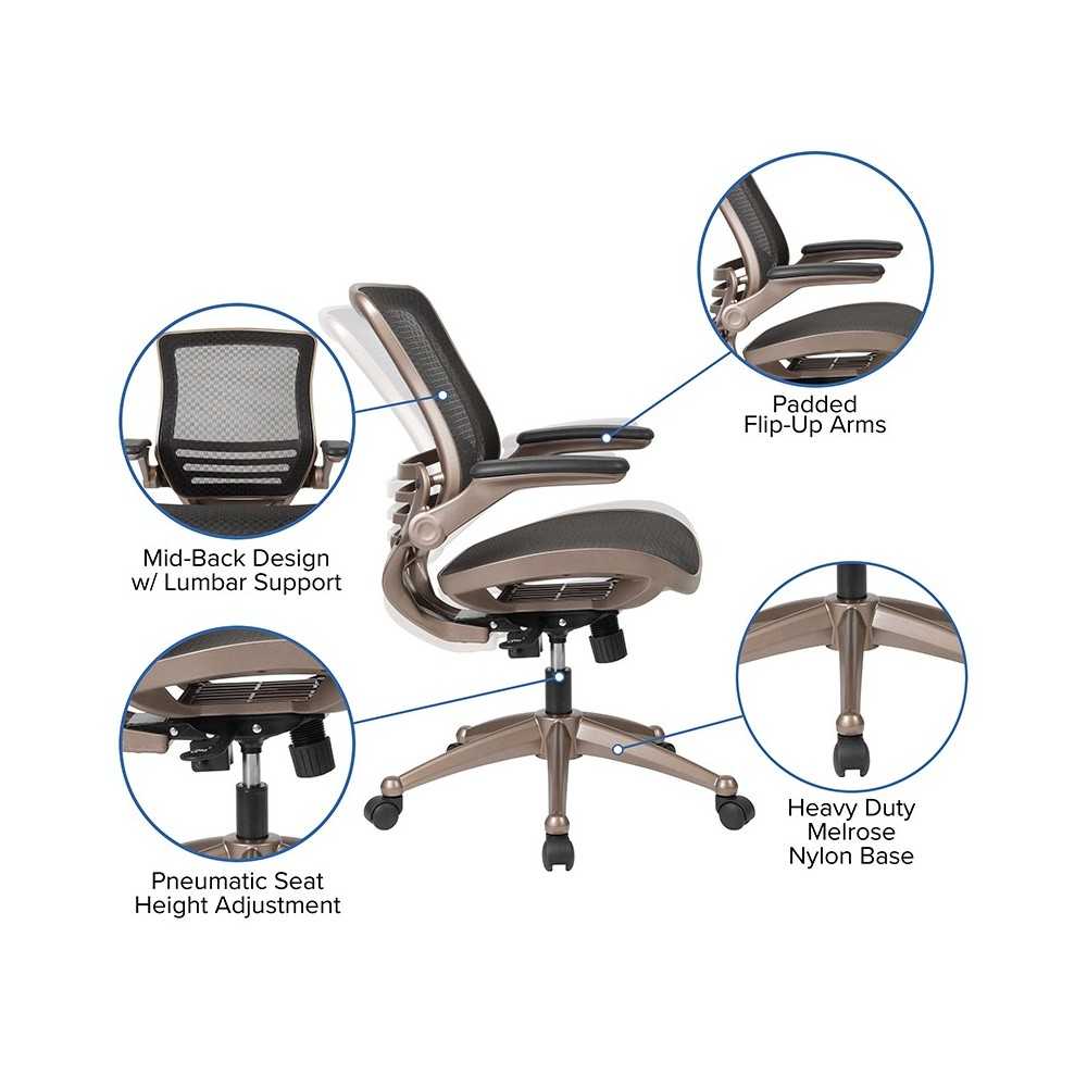 Mid-Back Transparent Black Mesh Executive Swivel Office Chair with Melrose Gold Frame and Flip-Up Arms