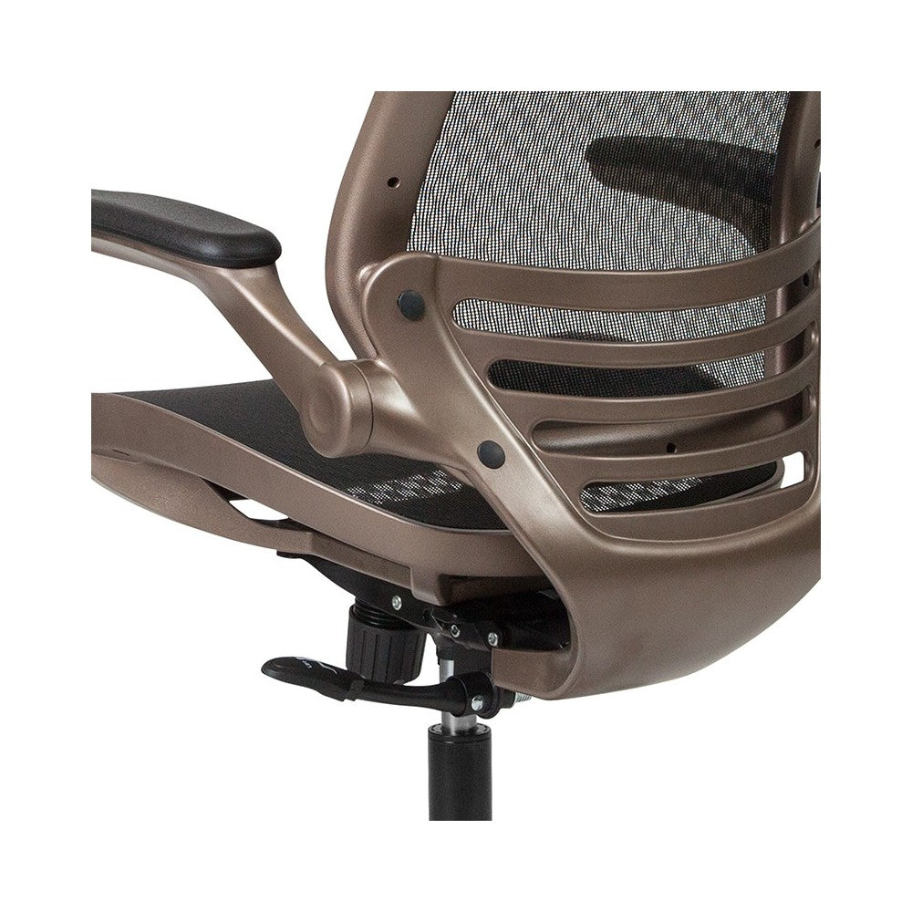 Mid-Back Transparent Black Mesh Executive Swivel Office Chair with Melrose Gold Frame and Flip-Up Arms
