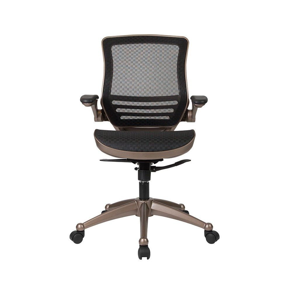 Mid-Back Transparent Black Mesh Executive Swivel Office Chair with Melrose Gold Frame and Flip-Up Arms