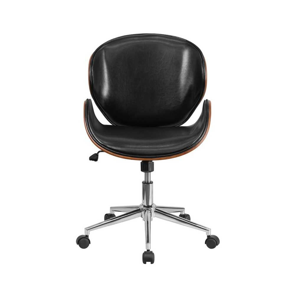 Mid-Back Walnut Wood Conference Office Chair in Black LeatherSoft