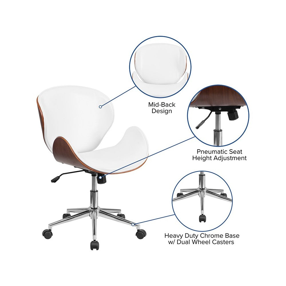 Mid-Back Walnut Wood Conference Office Chair in White LeatherSoft
