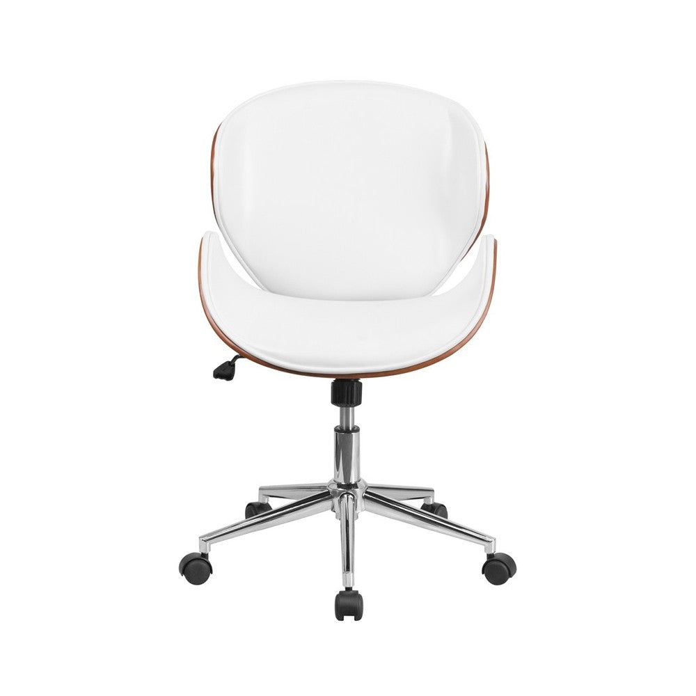 Mid-Back Walnut Wood Conference Office Chair in White LeatherSoft