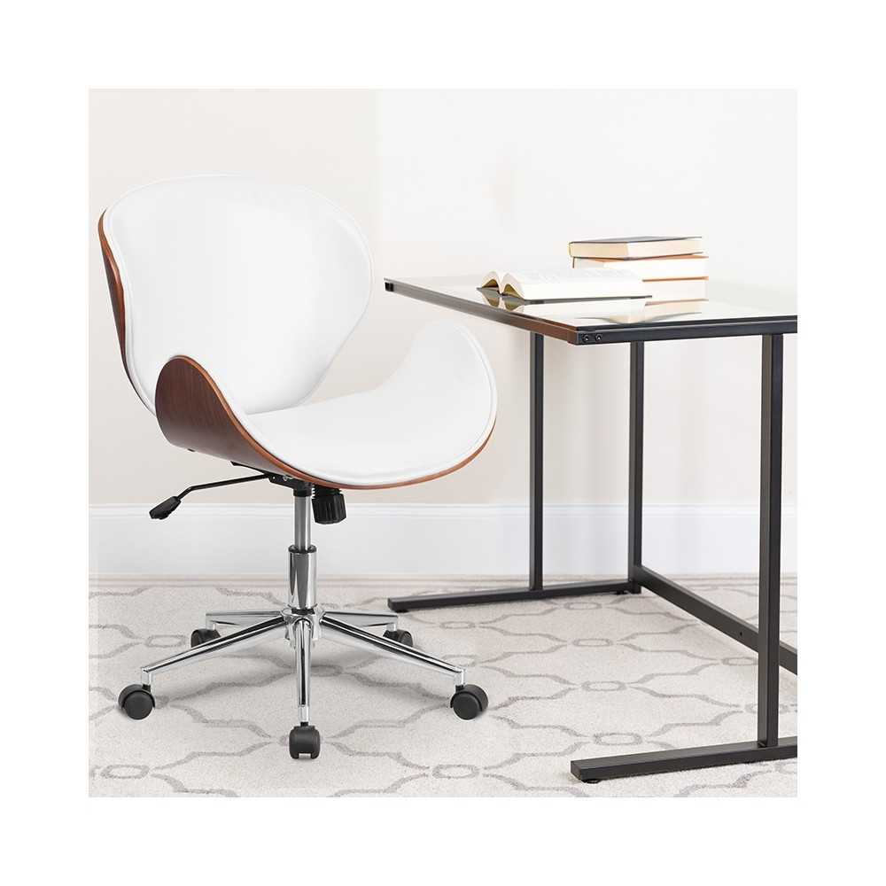 Mid-Back Walnut Wood Conference Office Chair in White LeatherSoft