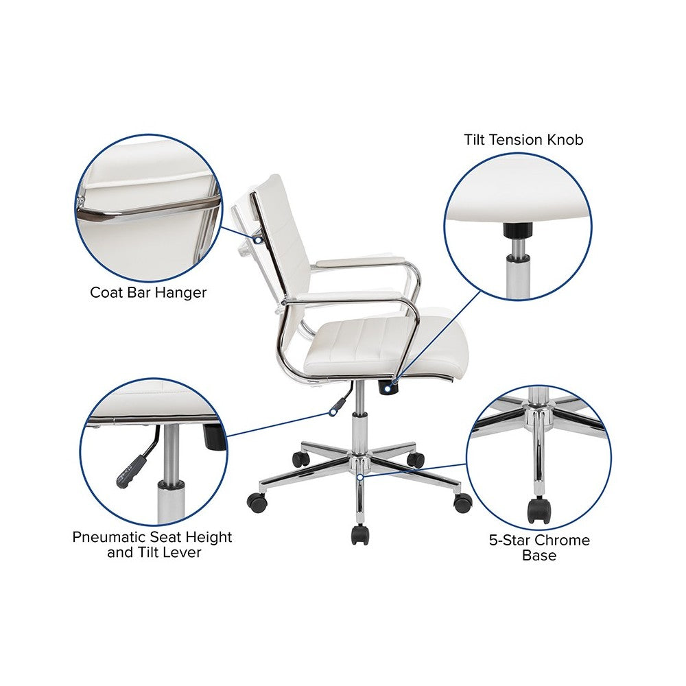 Mid-Back White LeatherSoft Contemporary Ribbed Executive Swivel Office Chair