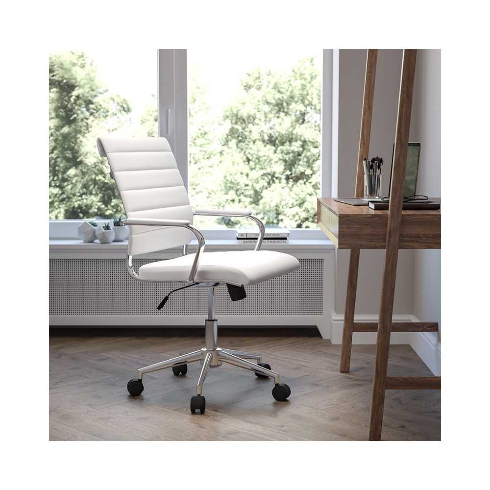 Mid-Back White LeatherSoft Contemporary Ribbed Executive Swivel Office Chair