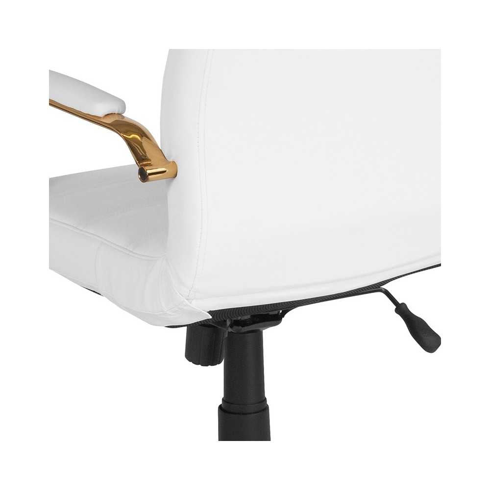Mid-Back White LeatherSoft Executive Swivel Office Chair with Gold Frame and Arms