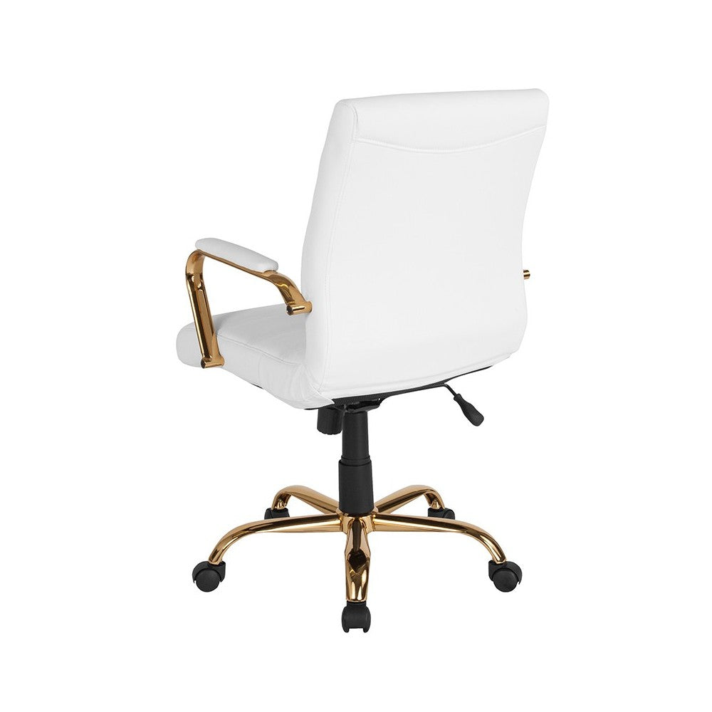 Mid-Back White LeatherSoft Executive Swivel Office Chair with Gold Frame and Arms