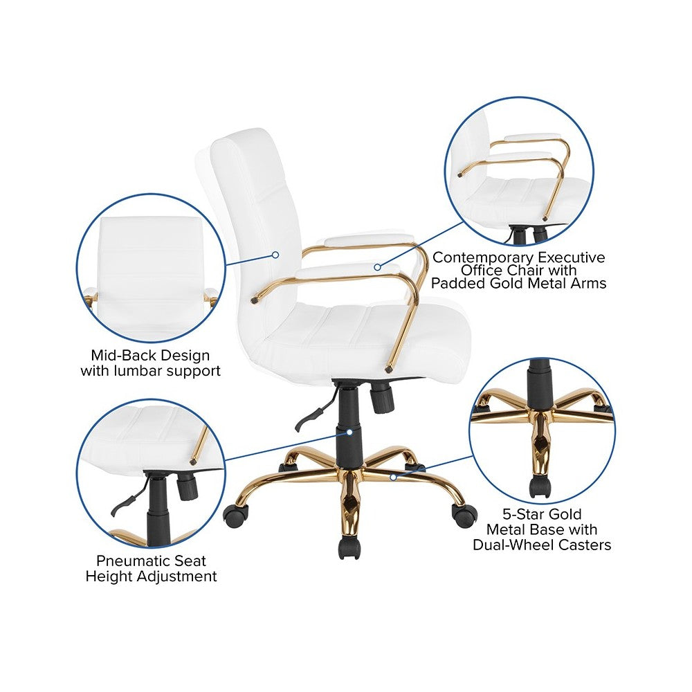 Mid-Back White LeatherSoft Executive Swivel Office Chair with Gold Frame and Arms