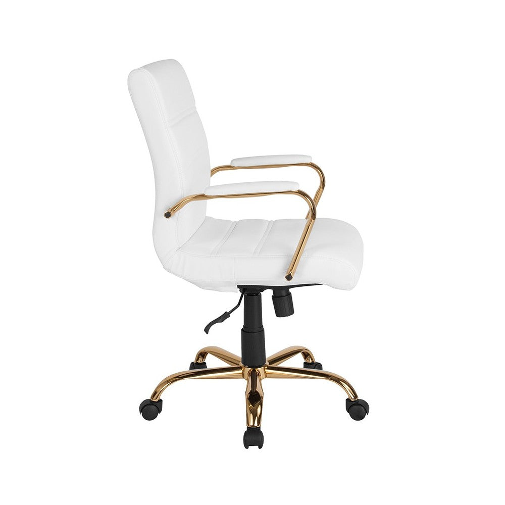 Mid-Back White LeatherSoft Executive Swivel Office Chair with Gold Frame and Arms