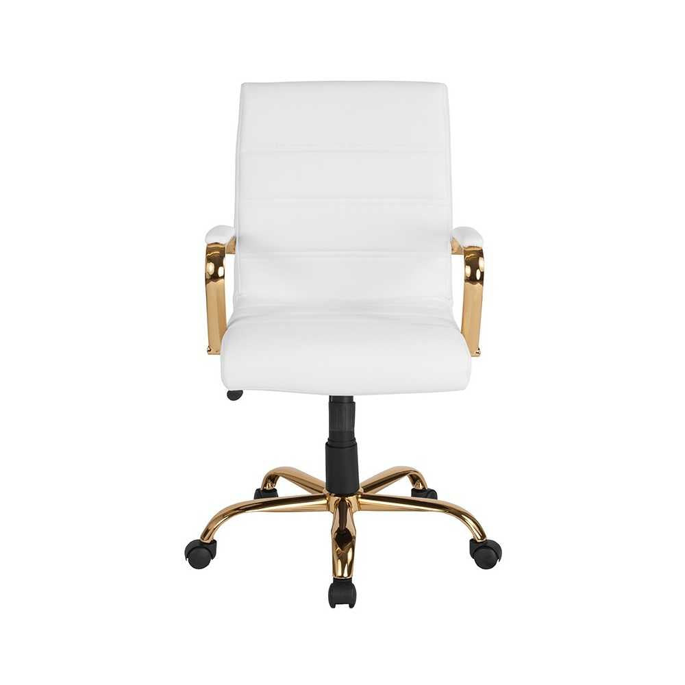 Mid-Back White LeatherSoft Executive Swivel Office Chair with Gold Frame and Arms