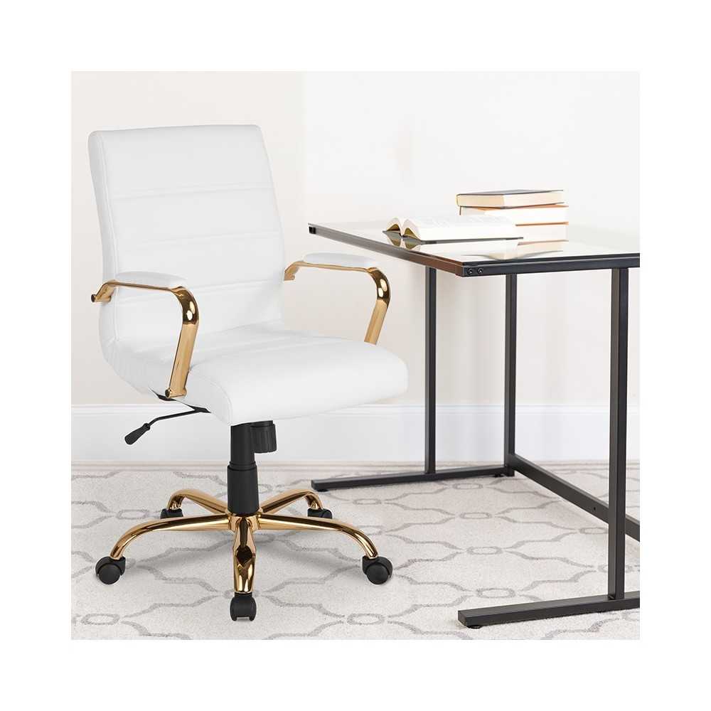 Mid-Back White LeatherSoft Executive Swivel Office Chair with Gold Frame and Arms