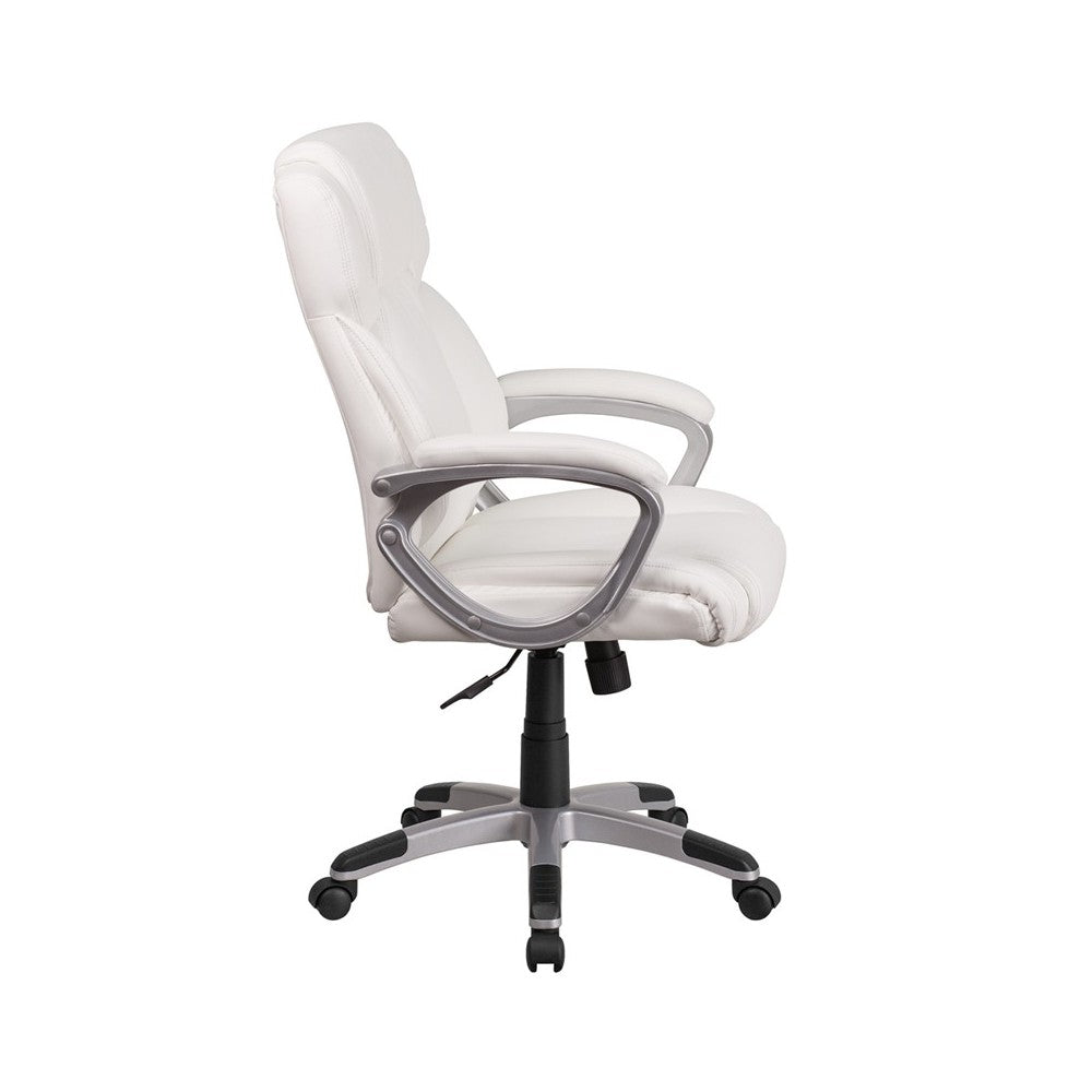 Mid-Back White LeatherSoft Executive Swivel Office Chair with Padded Arms