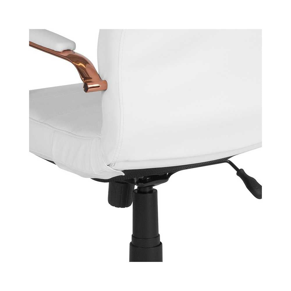 Mid-Back White LeatherSoft Executive Swivel Office Chair with Rose Gold Frame and Arms