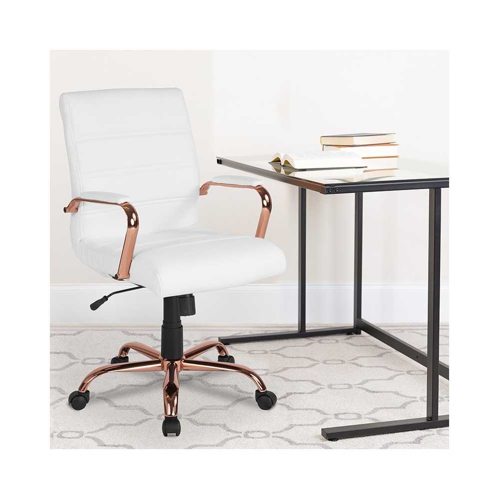 Mid-Back White LeatherSoft Executive Swivel Office Chair with Rose Gold Frame and Arms