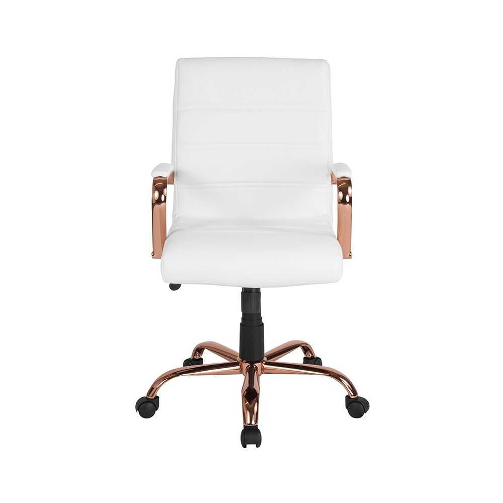 Mid-Back White LeatherSoft Executive Swivel Office Chair with Rose Gold Frame and Arms