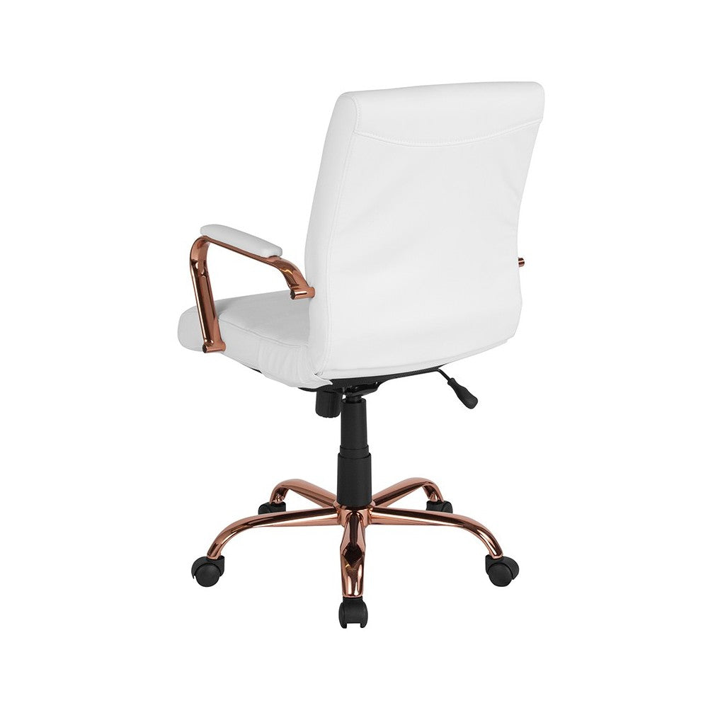 Mid-Back White LeatherSoft Executive Swivel Office Chair with Rose Gold Frame and Arms