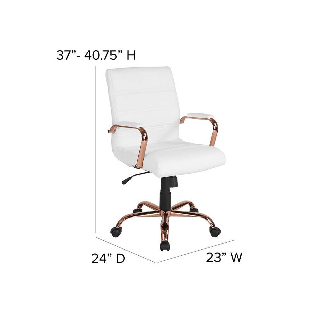 Mid-Back White LeatherSoft Executive Swivel Office Chair with Rose Gold Frame and Arms