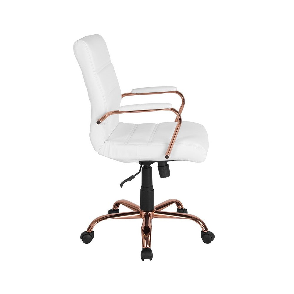 Mid-Back White LeatherSoft Executive Swivel Office Chair with Rose Gold Frame and Arms