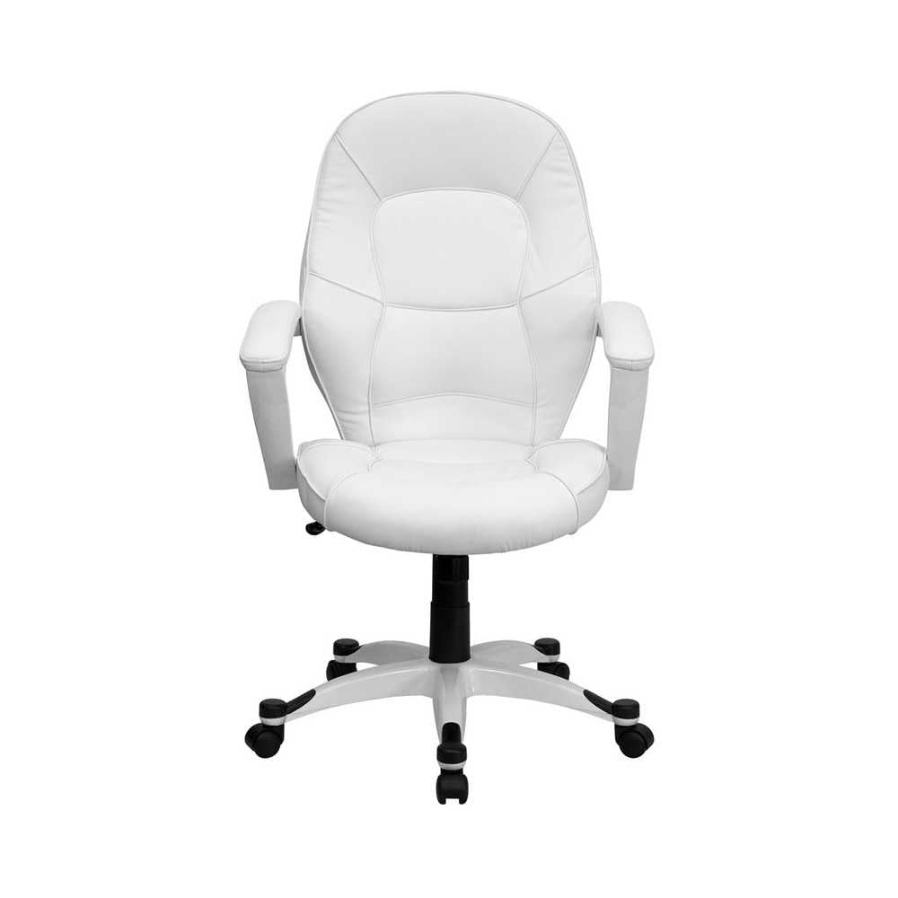 Mid-Back White LeatherSoft Tapered Back Executive Swivel Office Chair with White Base and Arms